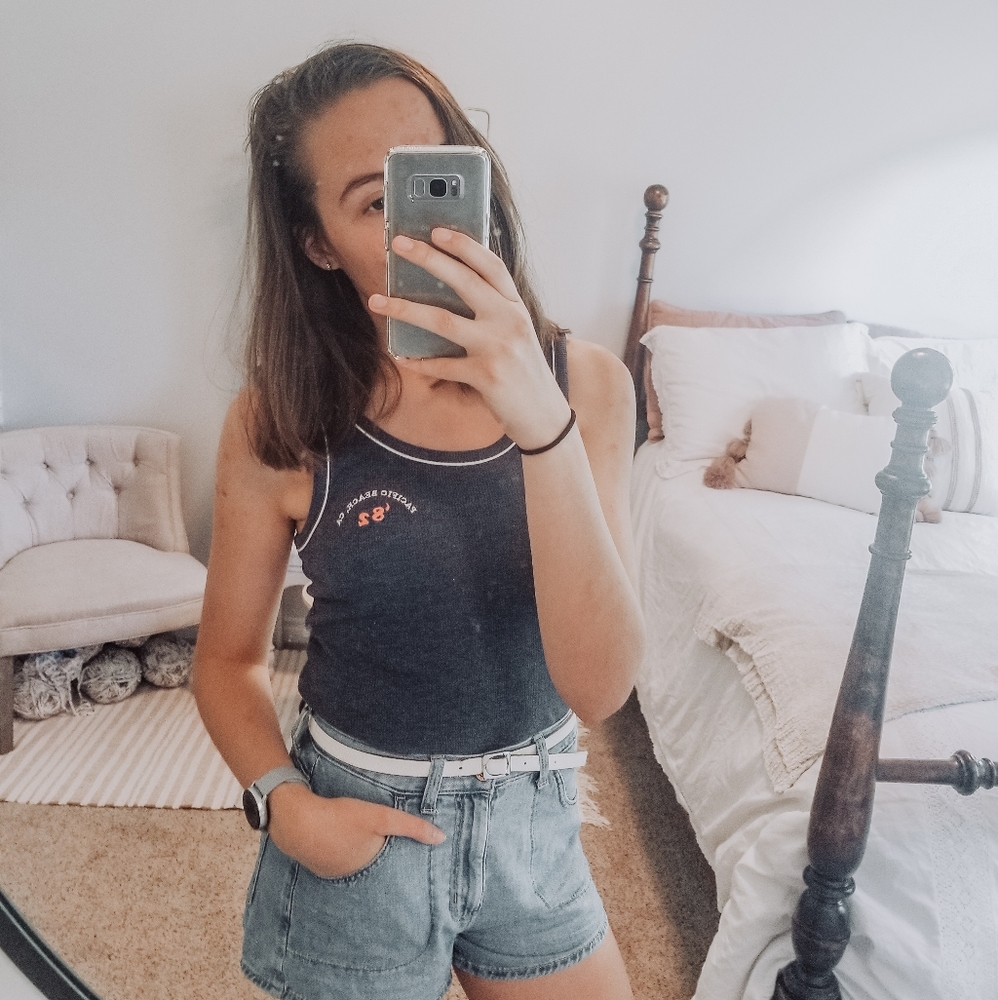 American Eagle Cropped Graphic Blue Ribbed Tank